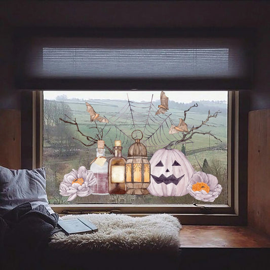 Double-Sided Halloween Window Sticker: Pumpkin, Spider Web & Bats Creative Windows
