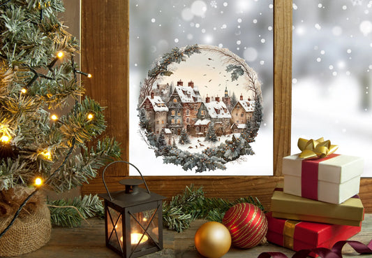 Vintage Village Christmas Window Sticker, Christmas Window Sticker, Double-Sided Reusable Christmas Window Sticker, Christmas Window Decal, Creative Windows
