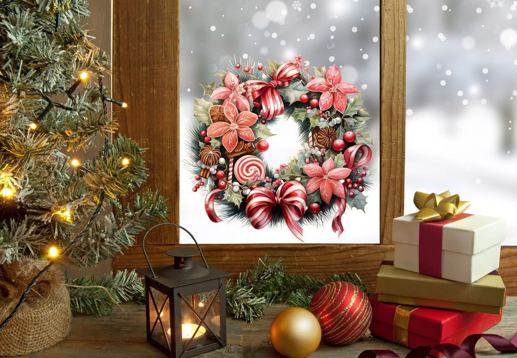 Christmas Window Sticker, Christmas Wreath Decal, Double-Sided Reusable Christmas Window Sticker, Christmas Window Decal, Candy Cane decal Creative Windows