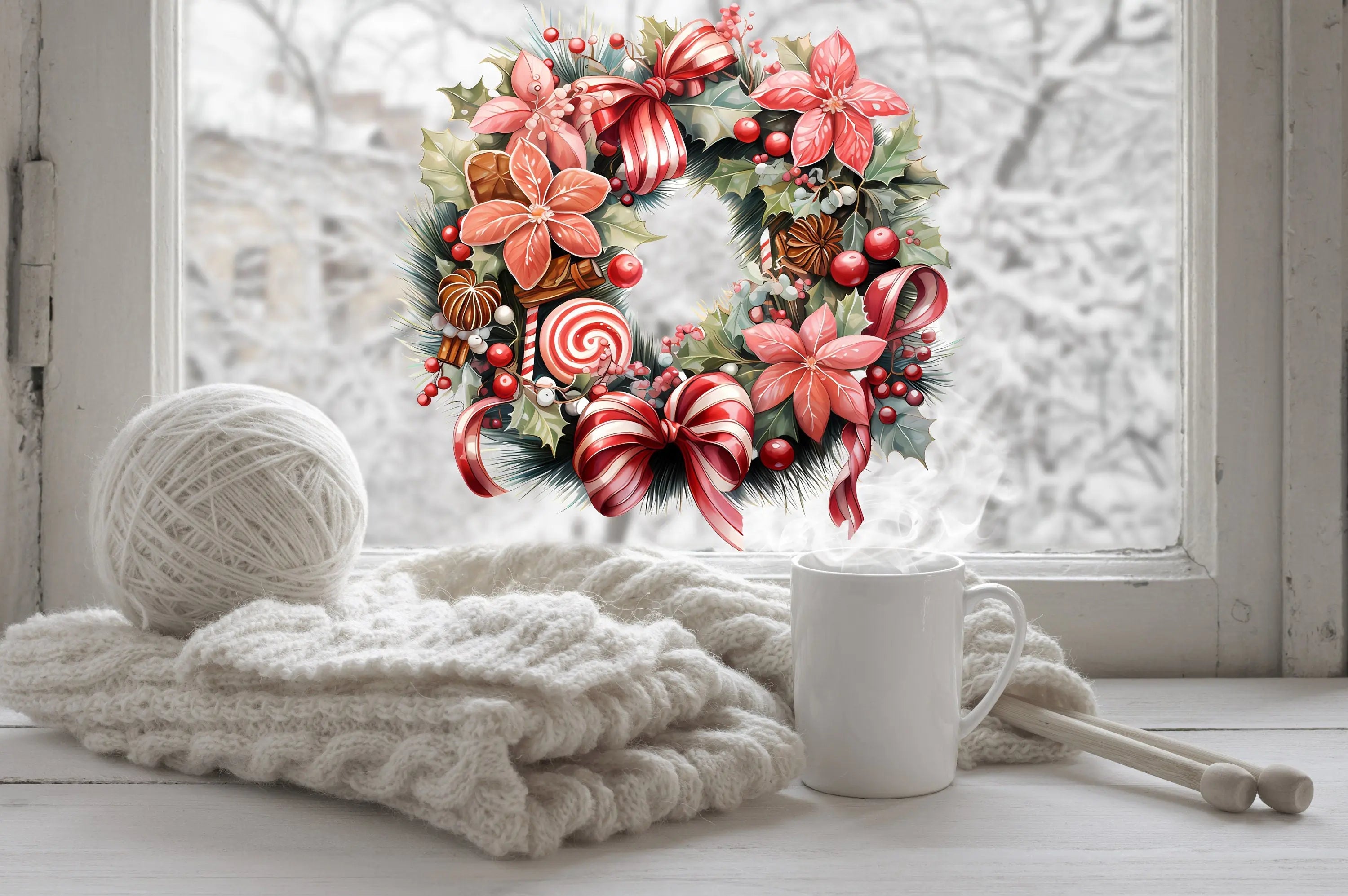 Christmas Window Sticker, Christmas Wreath Decal, Double-Sided Reusable Christmas Window Sticker, Christmas Window Decal, Candy Cane decal Creative Windows