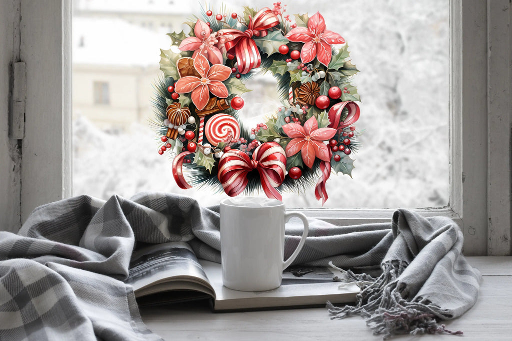 Christmas Window Sticker, Christmas Wreath Decal, Double-Sided Reusable Christmas Window Sticker, Christmas Window Decal, Candy Cane decal Creative Windows