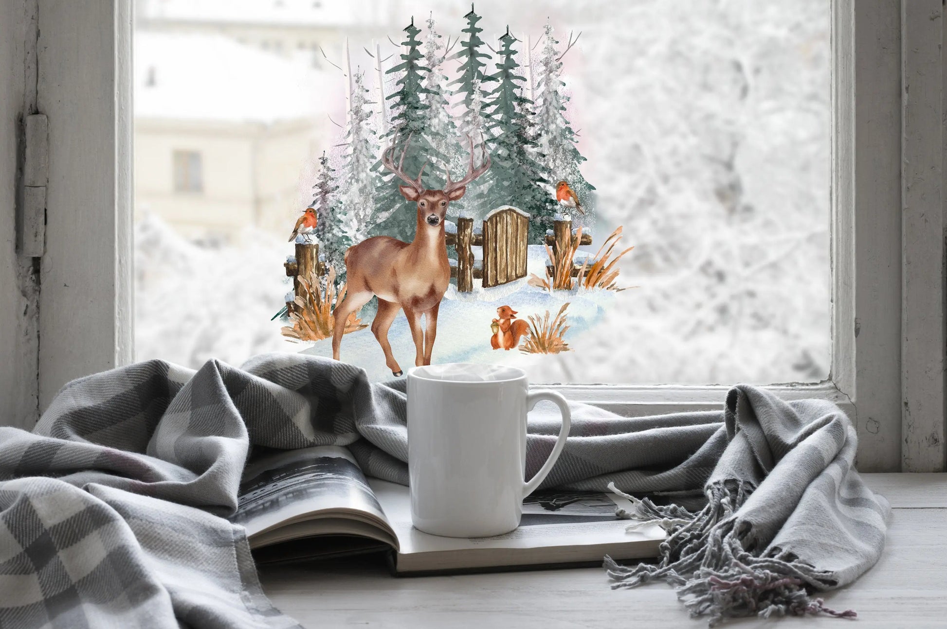 Christmas Window Sticker, Woodland Deer Window Sticker, Double-Sided Reusable Christmas scene Window Stickers, Christmas Window Decal, Creative Windows