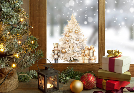 Christmas Window Sticker, Gold Christmas Tree Window Sticker, Double-Sided Reusable Christmas scene Window Stickers, Christmas Window Decal, Creative Windows