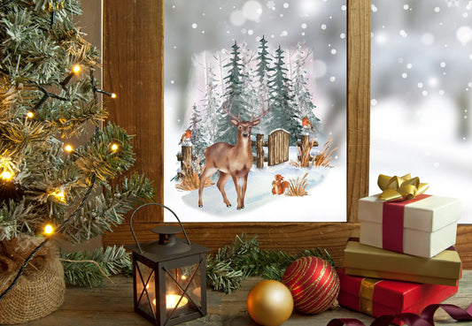 Christmas Window Sticker, Woodland Deer Window Sticker, Double-Sided Reusable Christmas scene Window Stickers, Christmas Window Decal, Creative Windows
