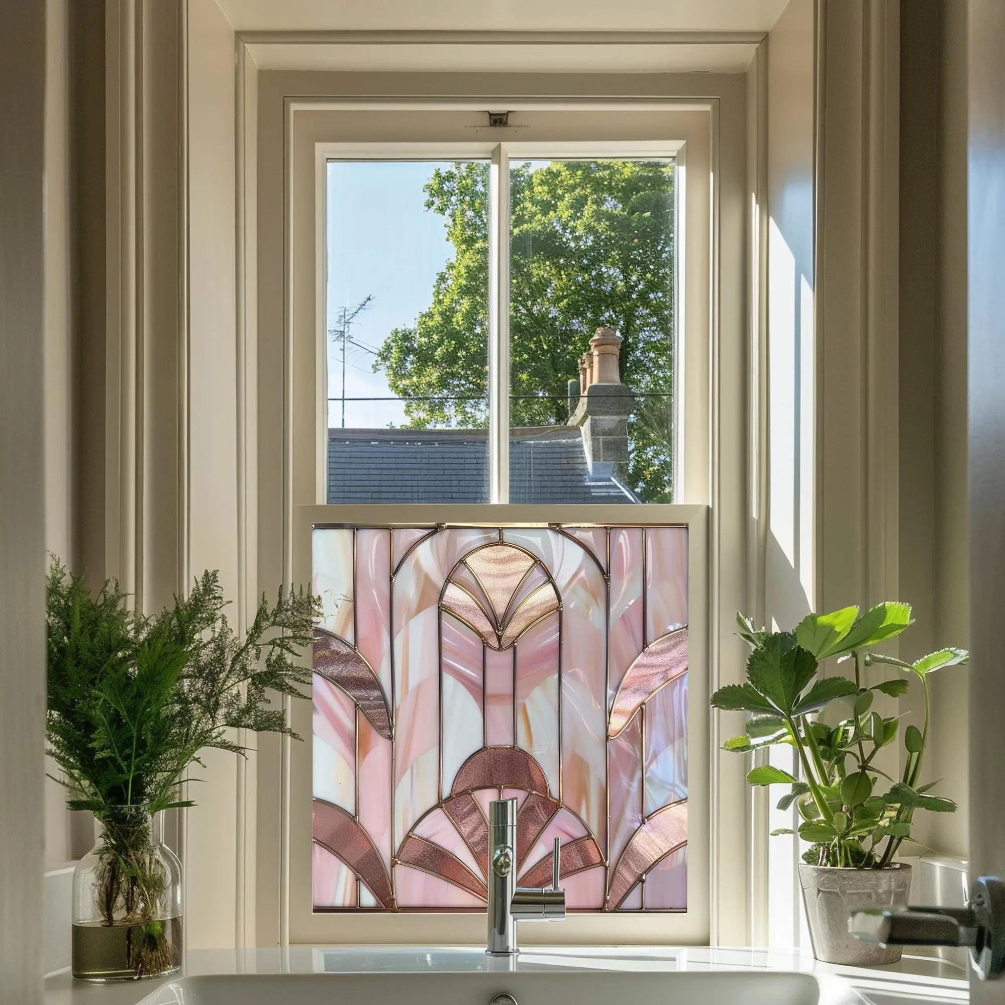 Pink Art Deco Window Film, Privacy Window Film,  Kitchen Window Film, Patterned Window Film, Bathroom Window Film, Stained Glass Window Film Creative Windows