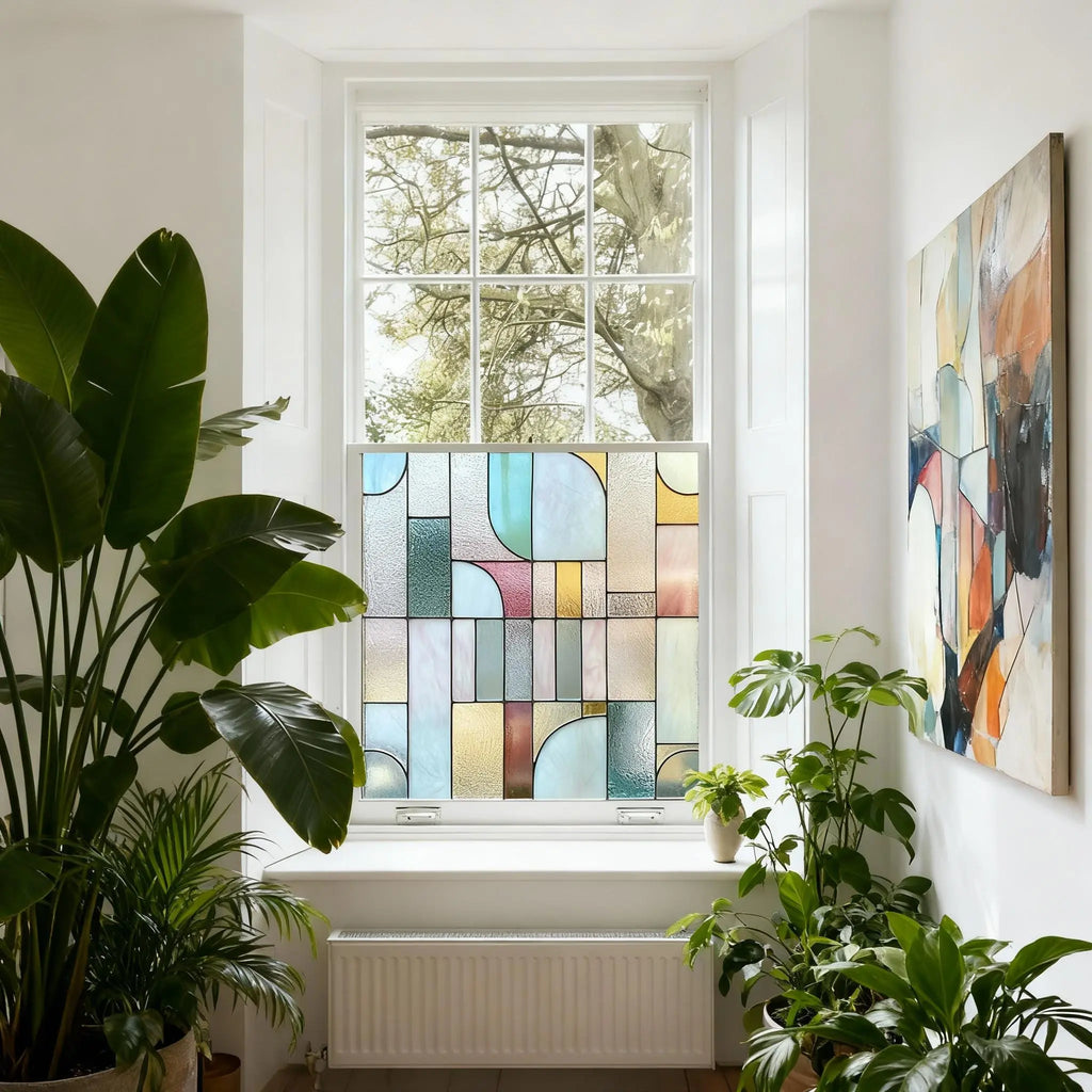 Art Deco Privacy Window Film: Geometric Stained Glass Style Creative Windows