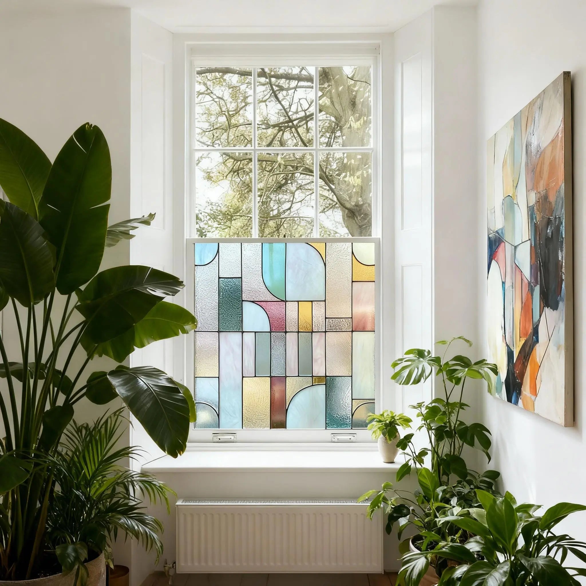 Art Deco Privacy Window Film: Geometric Stained Glass Style Creative Windows
