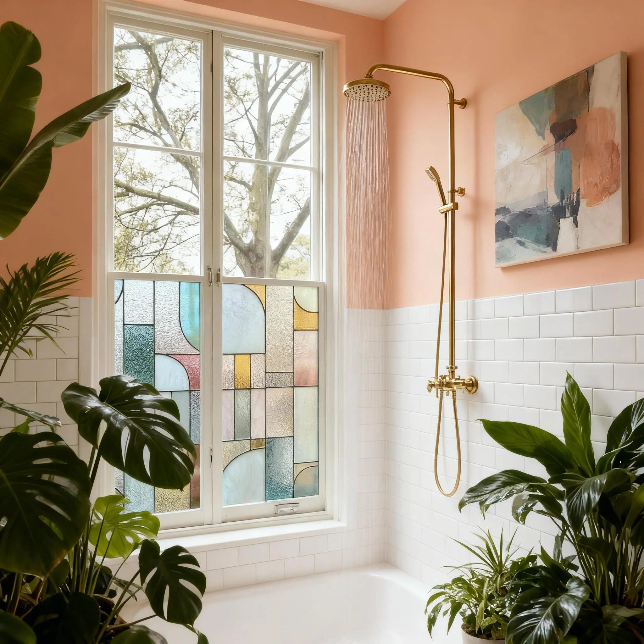 Art Deco Privacy Window Film: Geometric Stained Glass Style Creative Windows