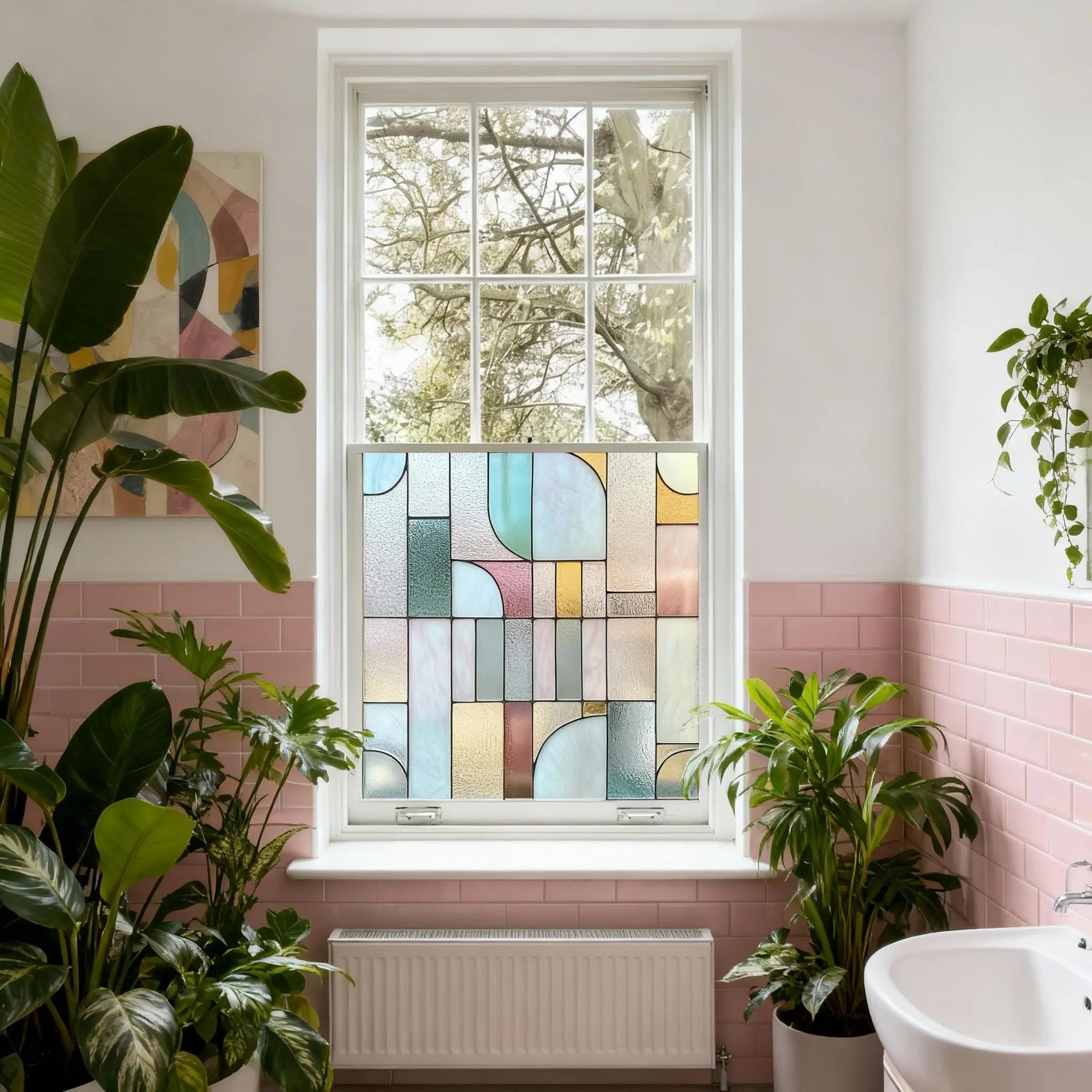 Art Deco Privacy Window Film: Geometric Stained Glass Style Creative Windows