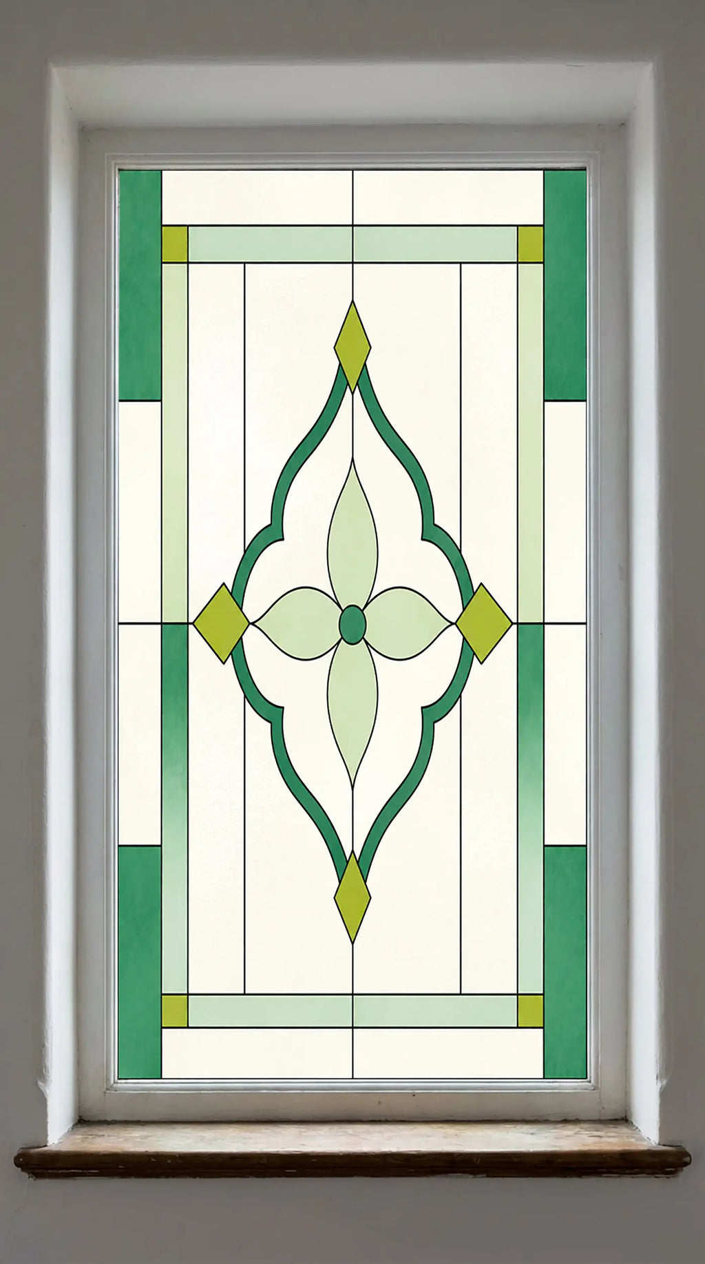 Art Deco Privacy Window Film – Green Ornamental Stained Glass