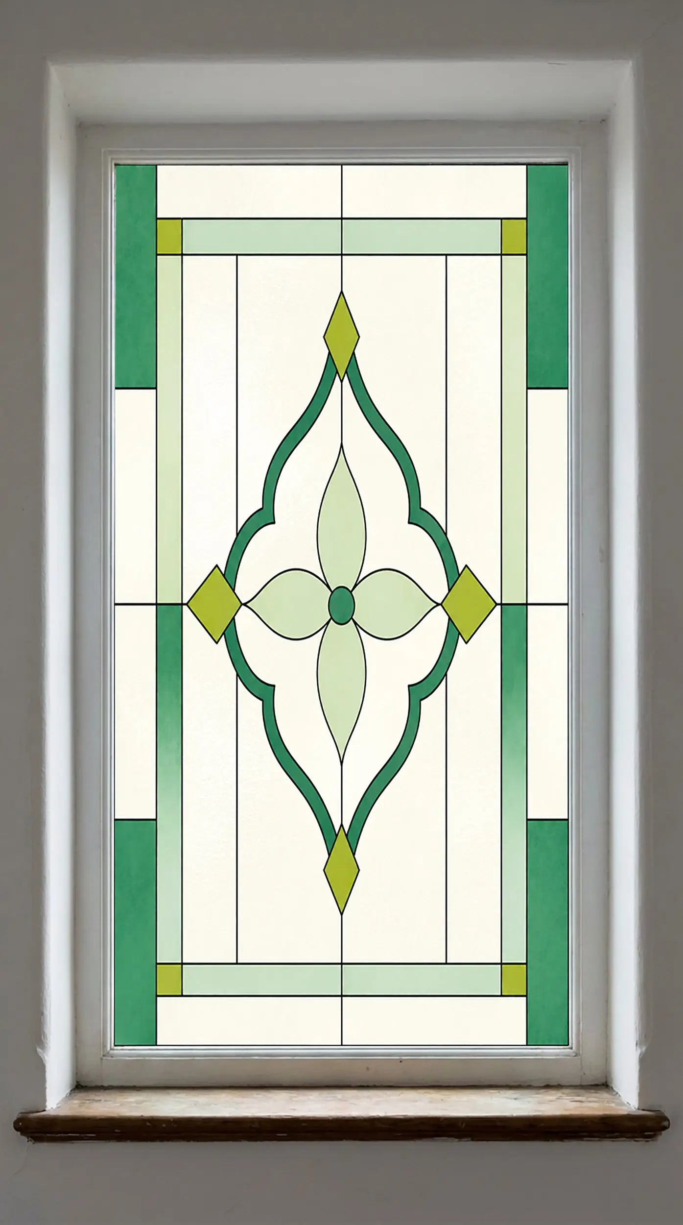 Art Deco Privacy Window Film – Green Ornamental Stained Glass