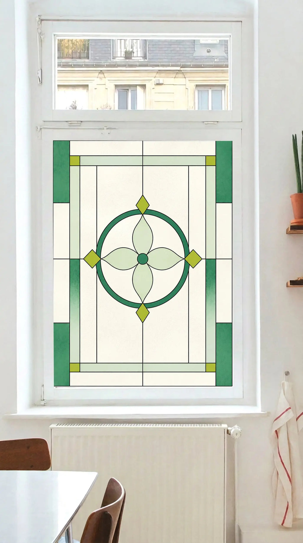 Art Deco Privacy Window Film – Green Stained Glass Design
