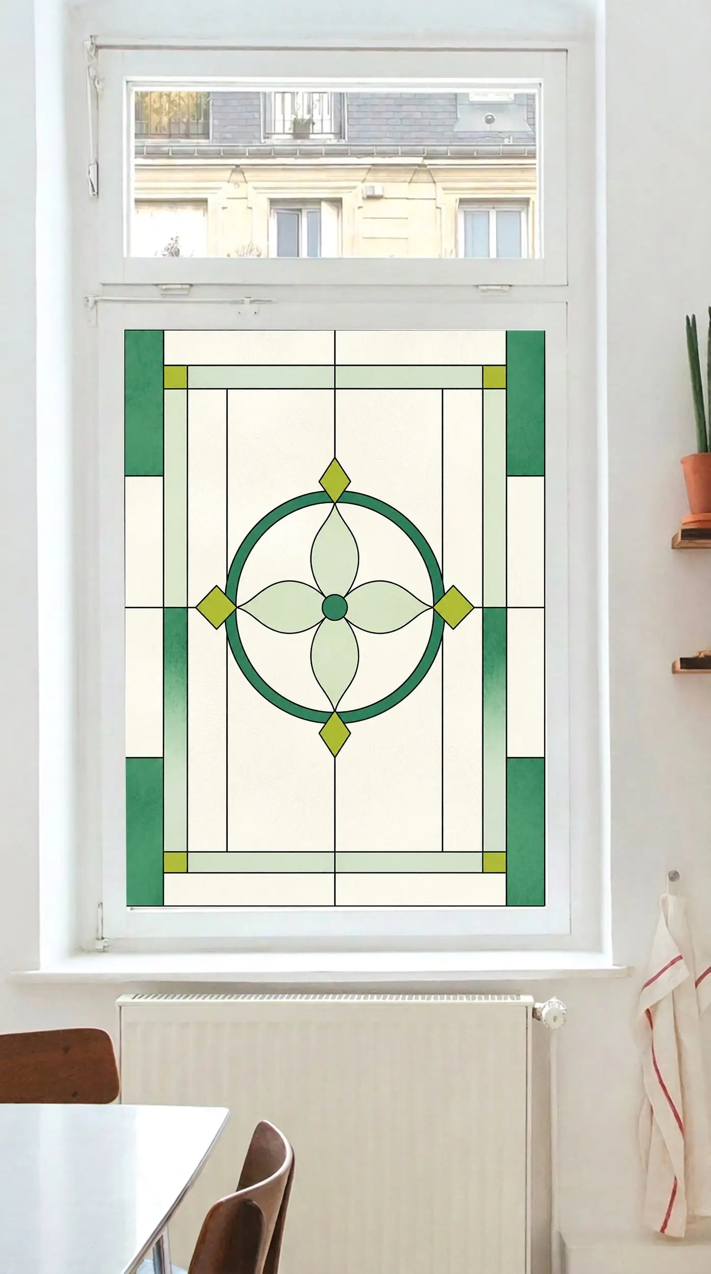 Art Deco Privacy Window Film – Green Stained Glass Design