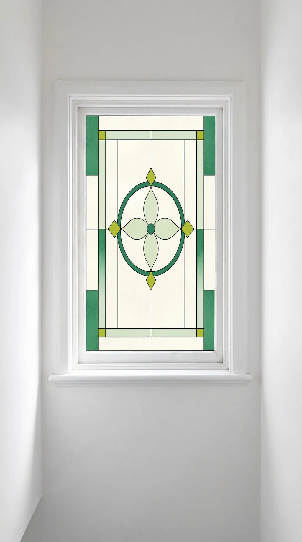 Art Deco Privacy Window Film – Green Stained Glass Design