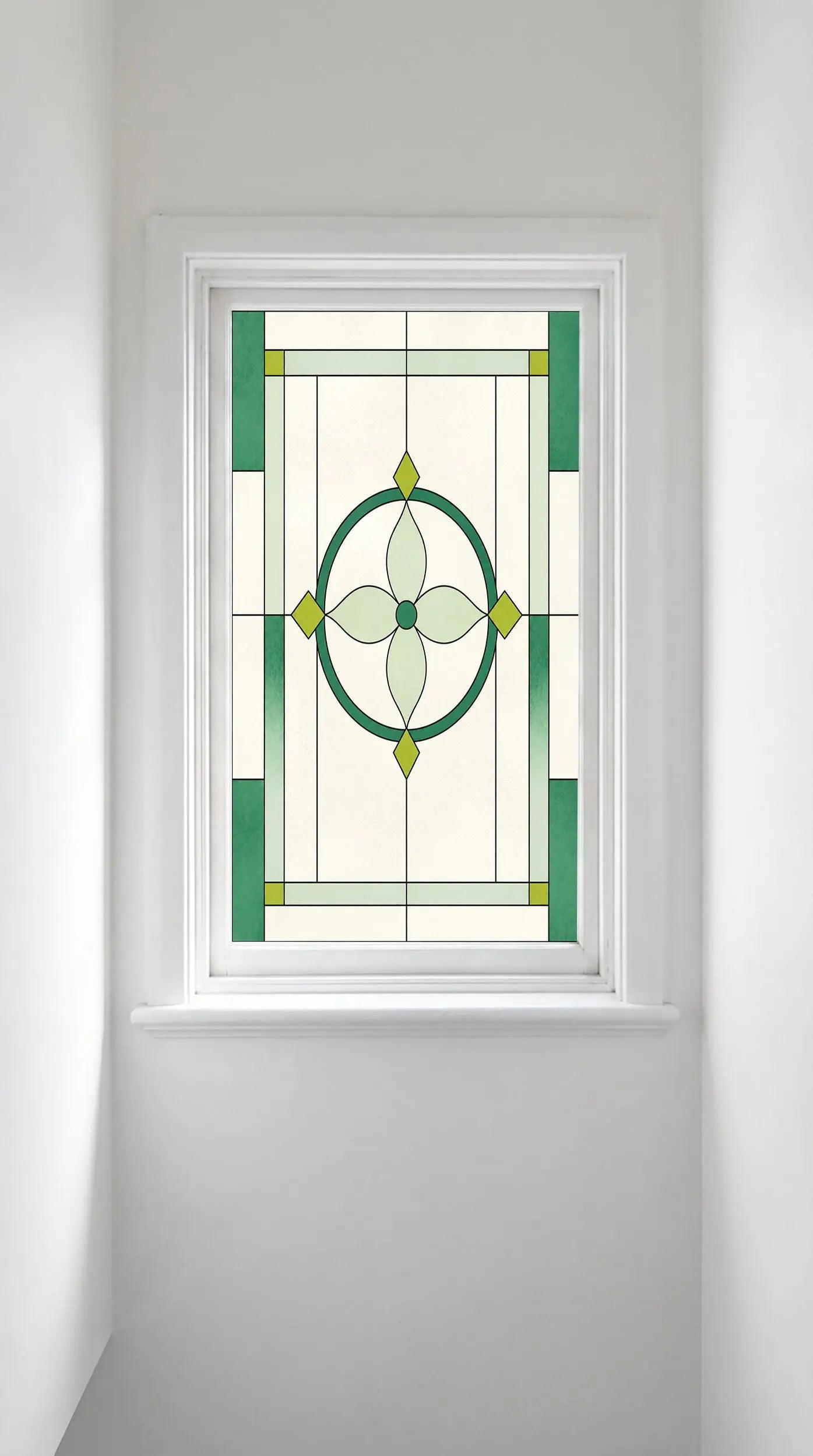 Art Deco Privacy Window Film – Green Stained Glass Design