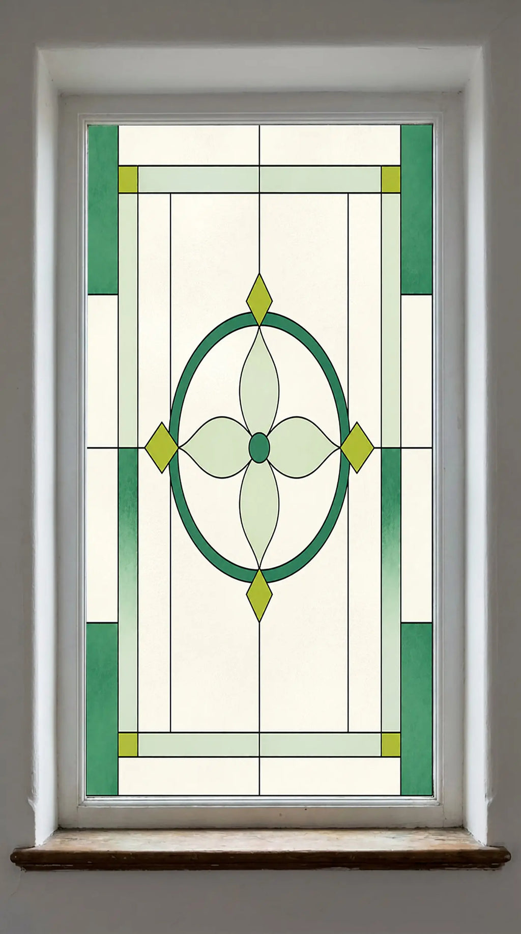 Art Deco Privacy Window Film – Green Stained Glass Design