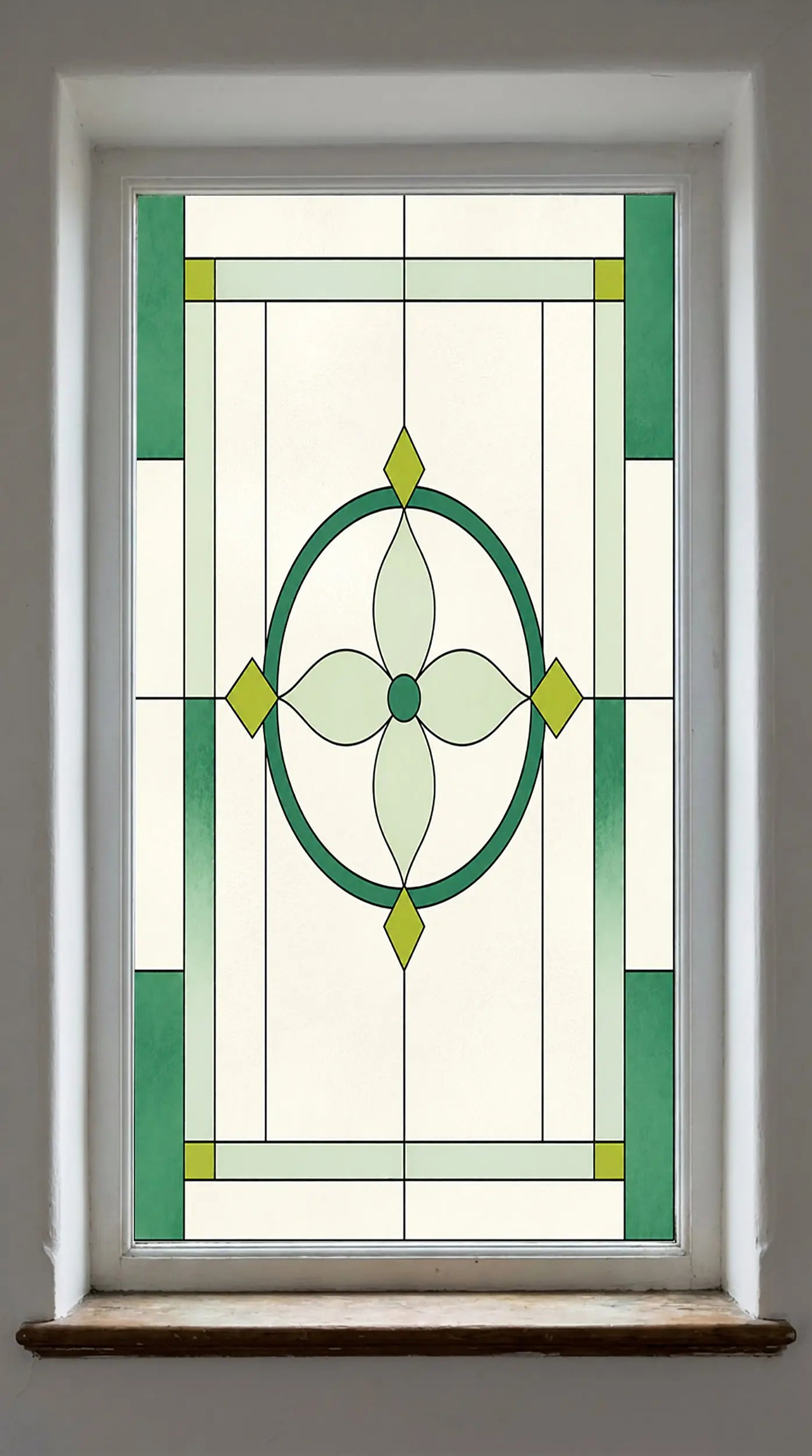 Art Deco Privacy Window Film – Green Stained Glass Design