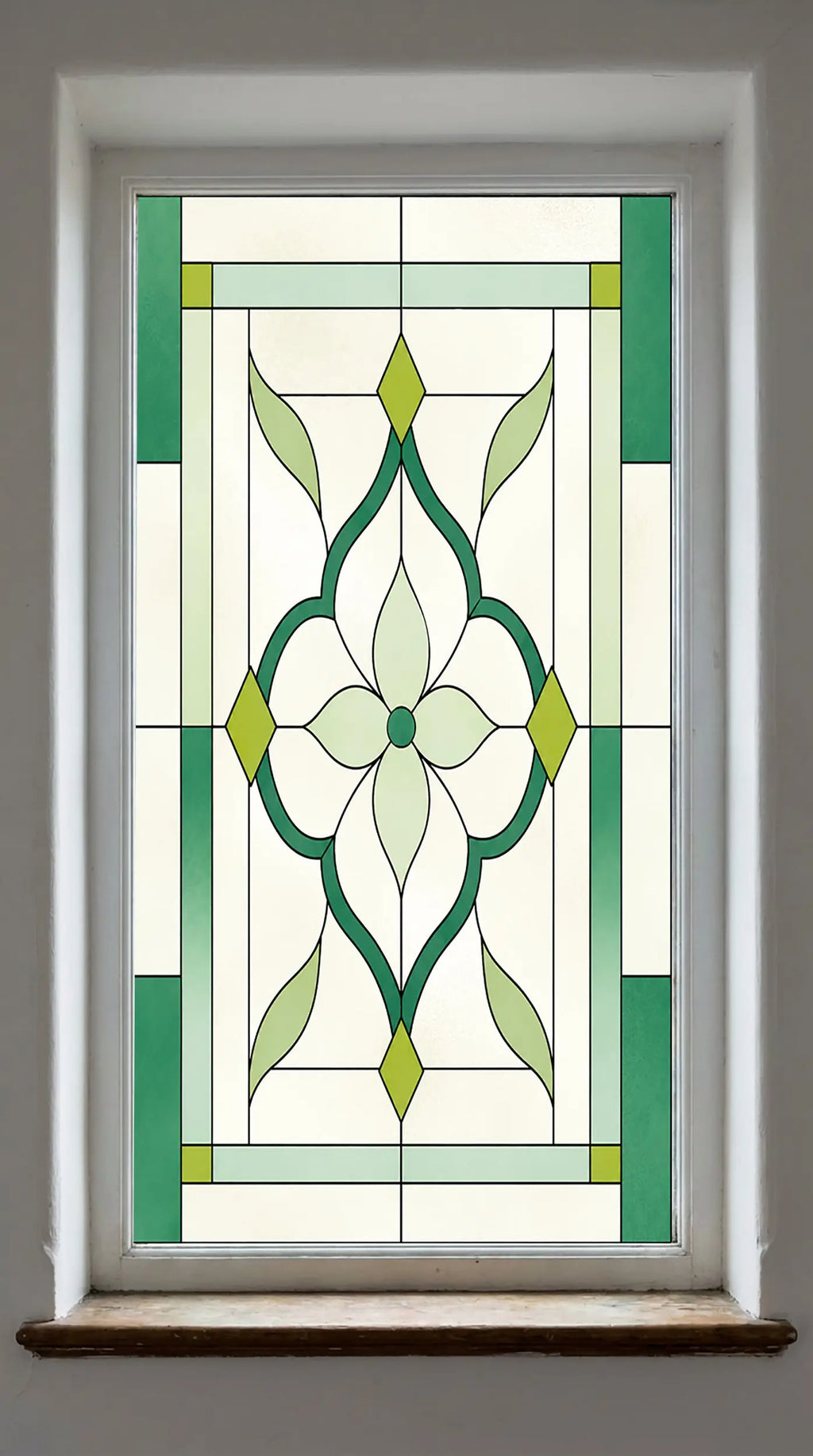 Art Deco Privacy Window Film – Green Geometric Stained Glass