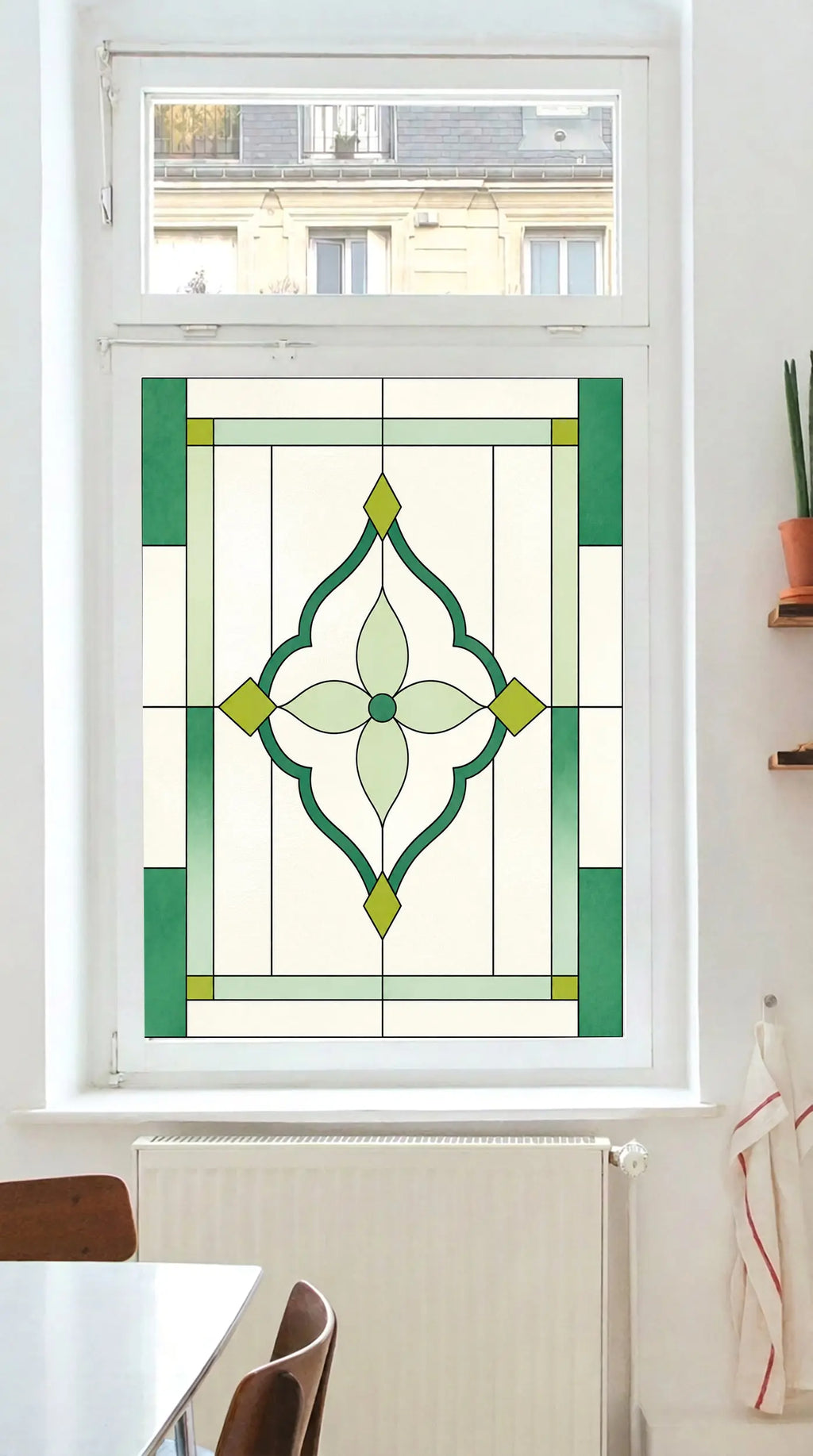 Art Deco Privacy Window Film – Green Ornamental Stained Glass