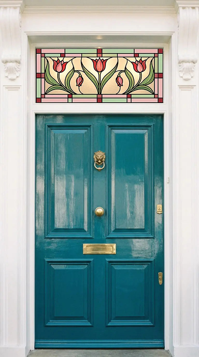 Stained Glass Transom Window Film, Art Nouveau Tulip Privacy Film