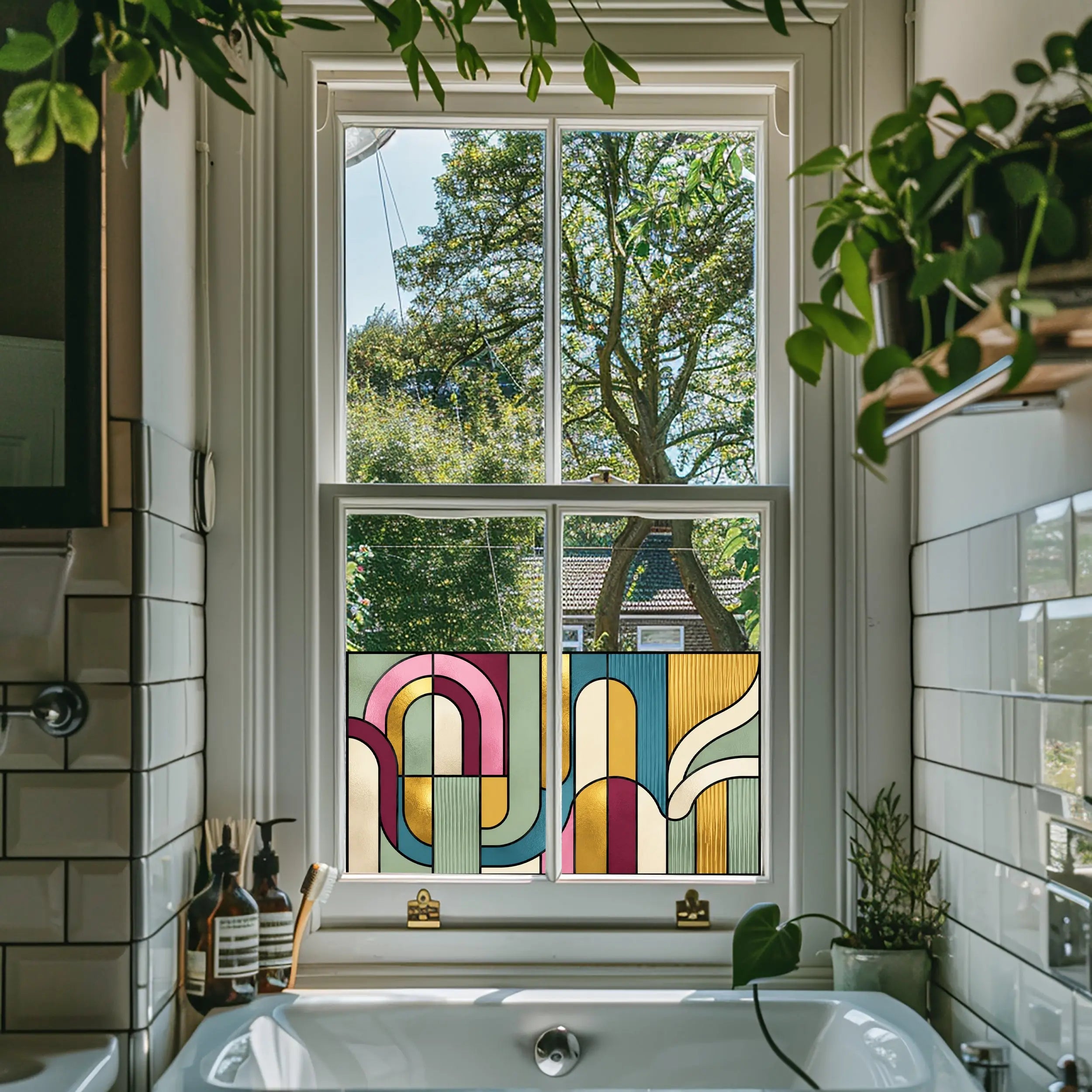 Mid Century Stained Glass Window Film – Modern Privacy Design