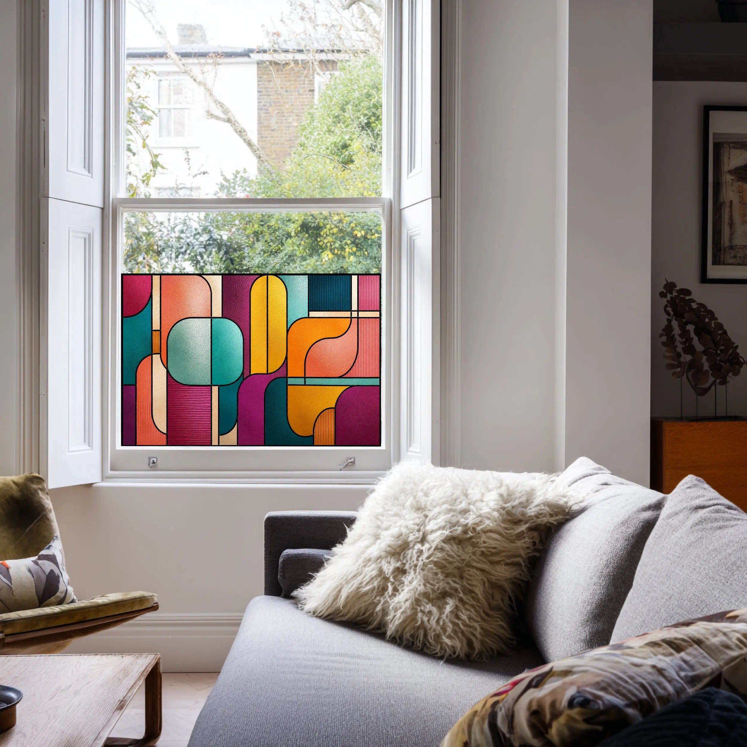 Modern Abstract Stained Glass Window Film – Colourful Geometric Privacy Film
